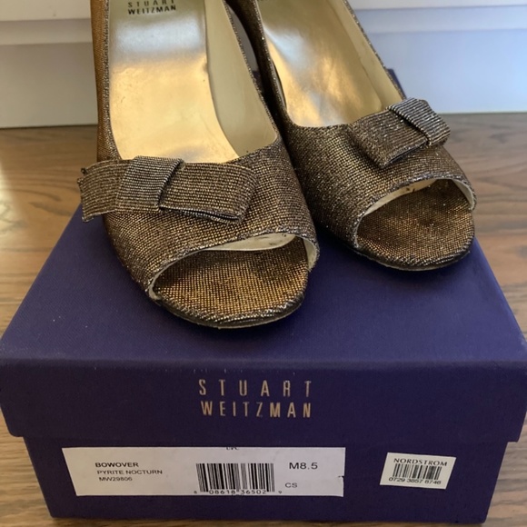Stuart Weitzman Bowover Pyrite Nocturne Open Toe Heels - Picture 3 of 4